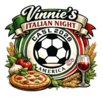 Vinnie's Italian night with the CASL Logo of a soccer ball, America 250, pizza, and a glass a wine.