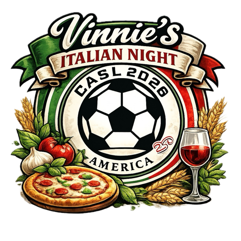 Vinnie's Italian night with the CASL Logo of a soccer ball, America 250, pizza, and a glass a wine.